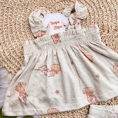 Conj. Batinha Água Viva e Short em Linho - Areia e Laranja